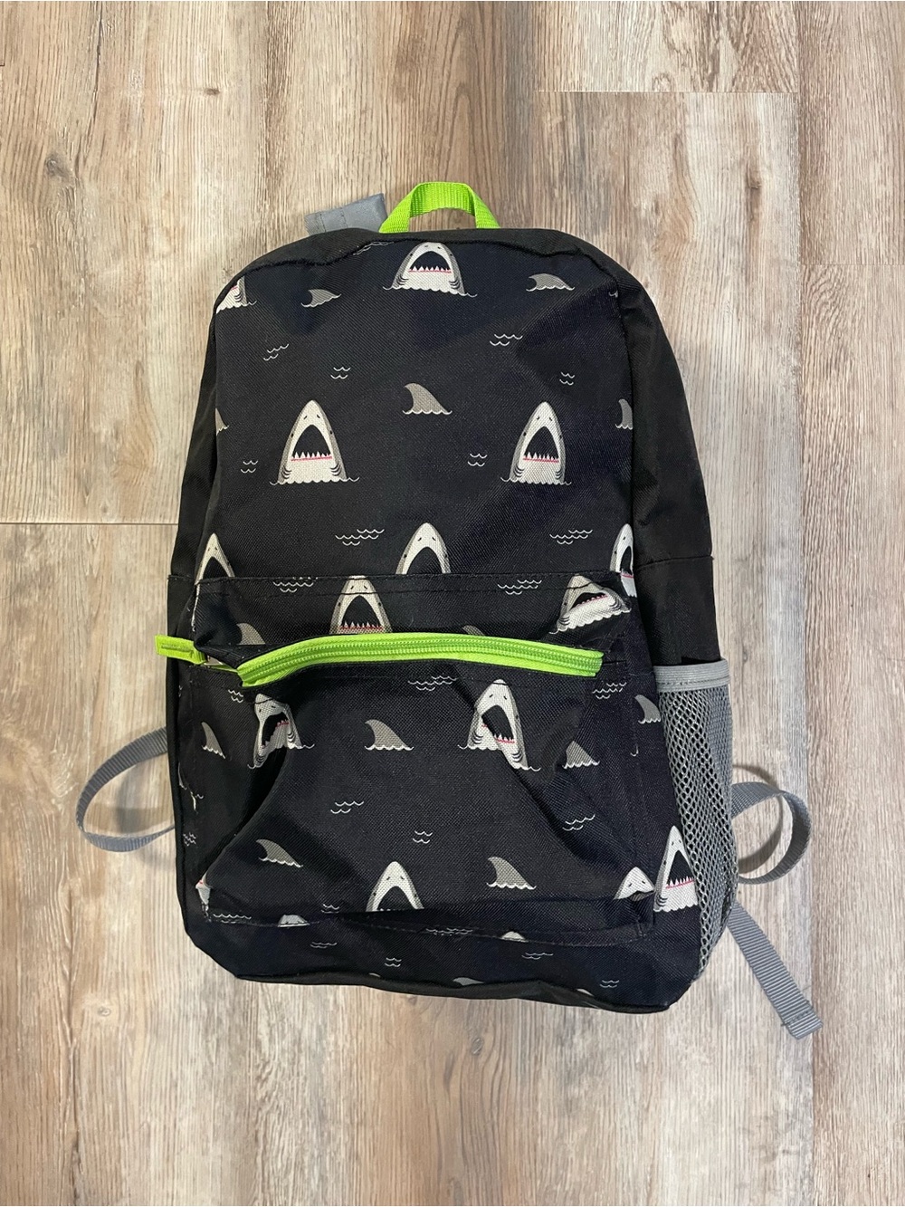 Kids Shark Print Black Backpack with Lime Accents